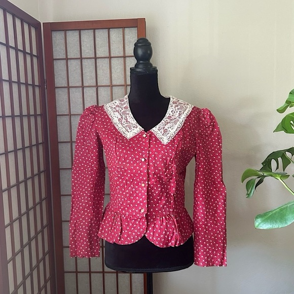 Vintage Tops - Vintage 70s Red Boho Peplum Blouse